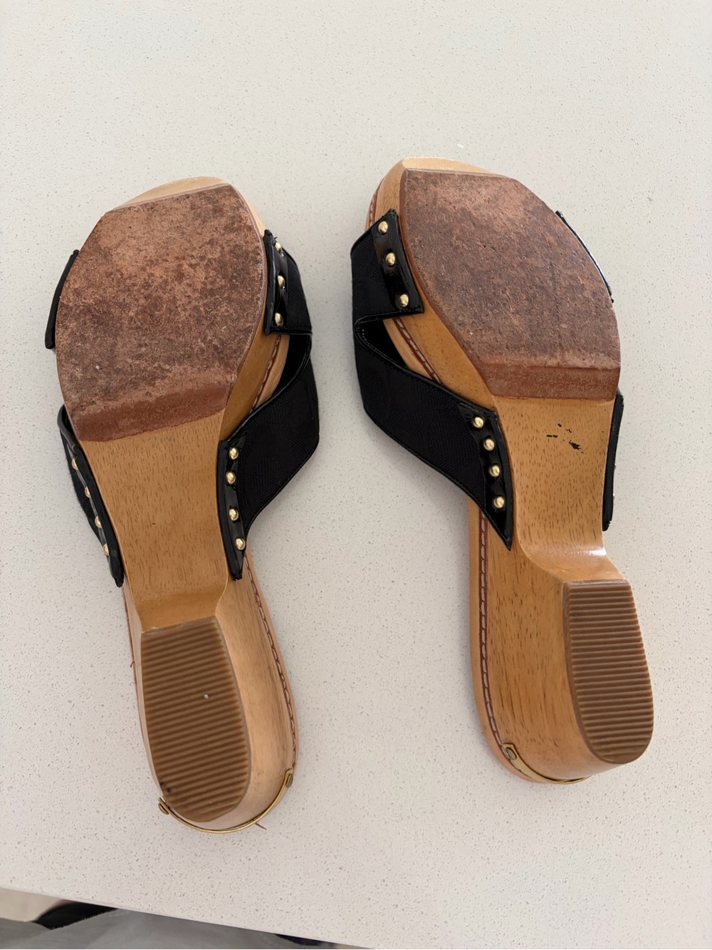 Coach Lee Black logo embossed Leather & Canvas Slide Mules w/ Gold Coach Button - Picture 3 of 6